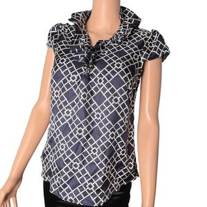 Elizabeth McKay Navy White Geometric 100% Silk Ruffle‎ Blouse Gold Toggles 2